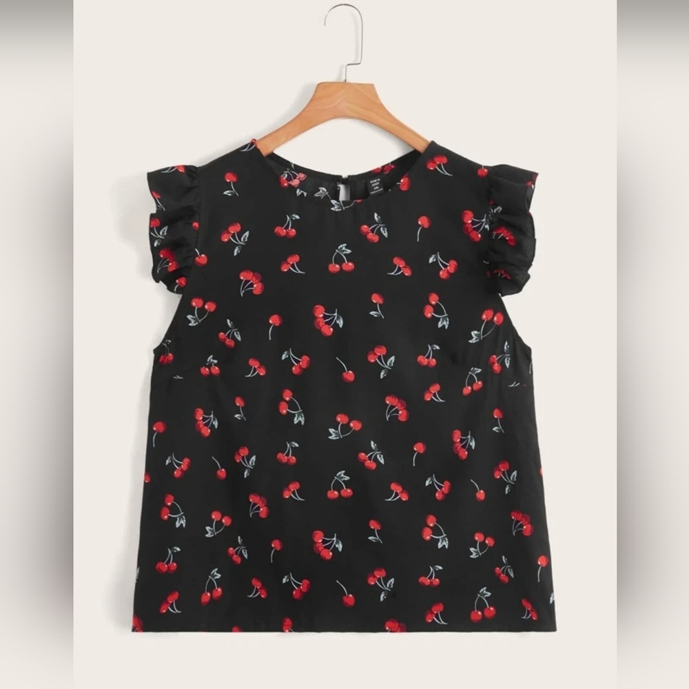 SHEIN WYWH Plus Cherry Print Butterfly Sleeve Blouse XL
